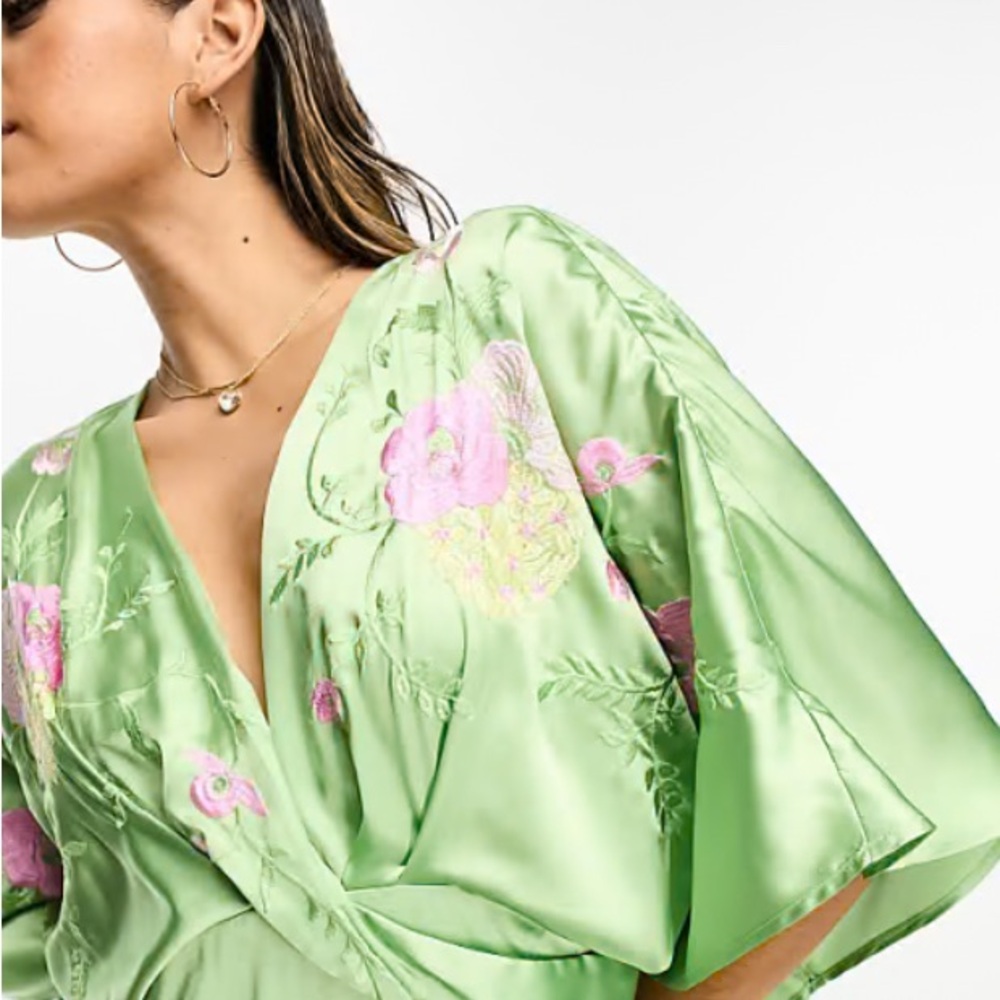 ASOS Green Satin Midi Dress with Pink Floral Embroidery